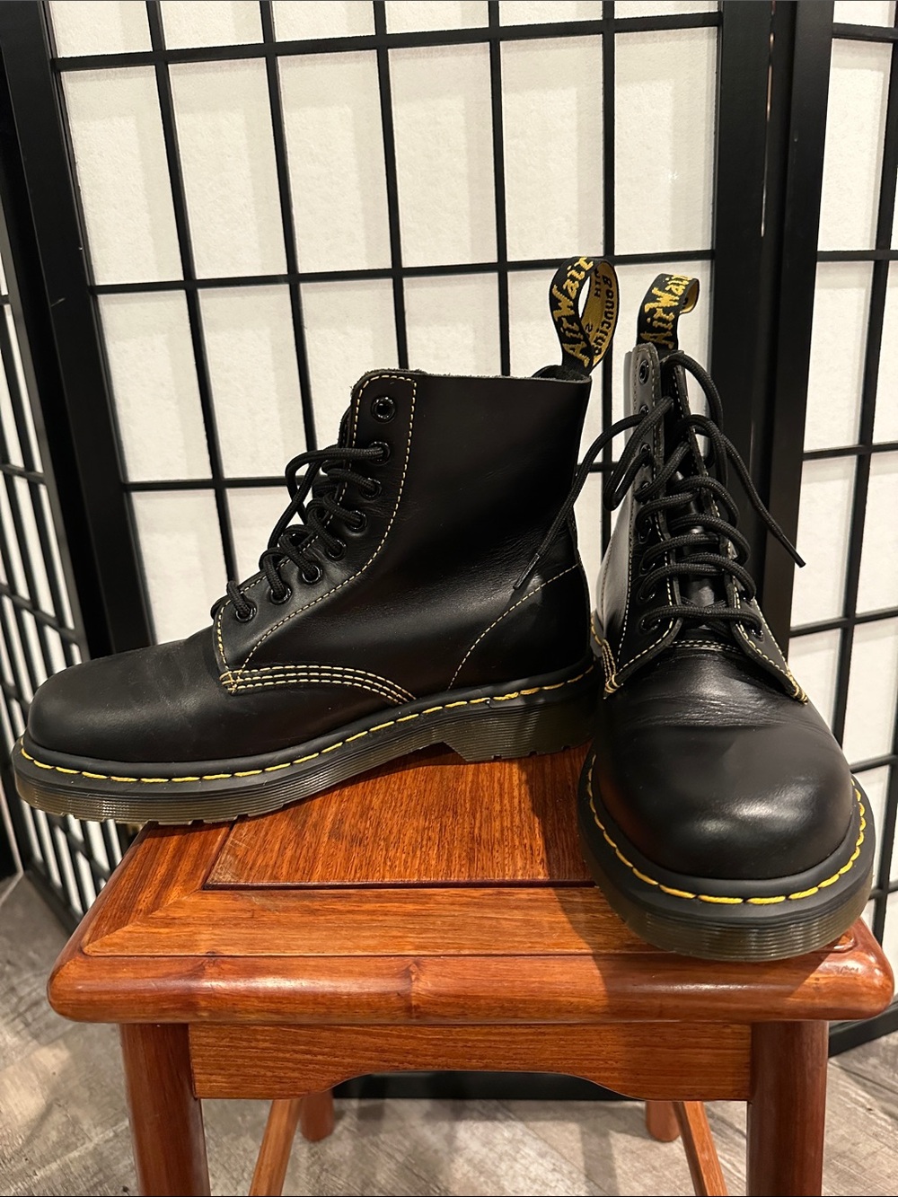 Dr. Martens 1460 Pascal Leather Lace-Up Boots with Yellow Stitching